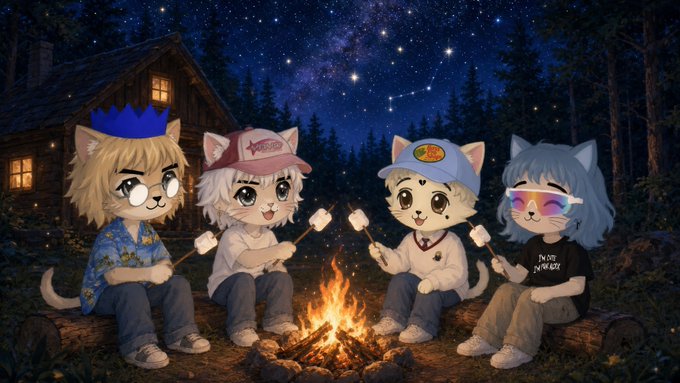 An anime-style illustration of four cat-eared characters roasting marshmallows around a campfire at night, with a starry sky and a cabin in the background.