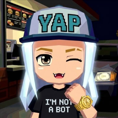 An animated chibi character winks while wearing a trucker hat that says 'YAP' and a shirt reading 'I'M NOT A BOT'.