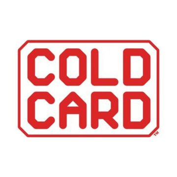 The image shows the red "COLD CARD" logo in bold, blocky letters within a rounded rectangular border, representing the Coldcard hardware wallet brand. The logo accompanies the news that 594 BTC were stolen from 500 separate Coldcard hardware wallets.
