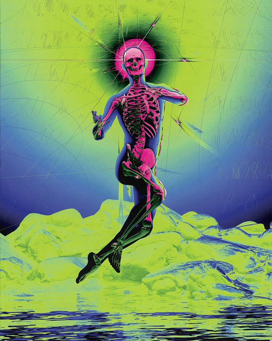 A vibrant, psychedelic digital artwork depicts a translucent skeleton mid-stride across a neon green and yellow landscape, with a glowing sun and shattered glass-like light rays in the background. The surreal, otherworldly imagery of the walking skeleton pairs with the "Gm Fam." post as a bold, attention-grabbing morning greeting in classic crypto/NFT aesthetic style.