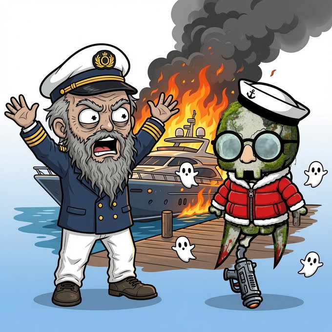 A cartoon depicting a panicked sea captain beside a burning yacht, with a green character wearing a sailor hat and holding a gun.