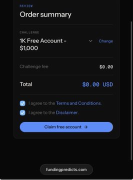 An order summary screen for a '1K Free Account - $1,000' challenge shows $0.00 fees, with checked agreements for Terms and Conditions and Disclaimer, and a 'Claim free account' button.