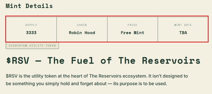 The image shows "Mint Details" for **$RSV**, the utility token for The Reservoirs NFT ecosystem, highlighting a supply of 3,333 NFTs to be minted for free on the Robin Hood chain, with the mint date still TBA. This aligns with the post announcing the open whitelist for The Reservoir NFT free mint opportunity.