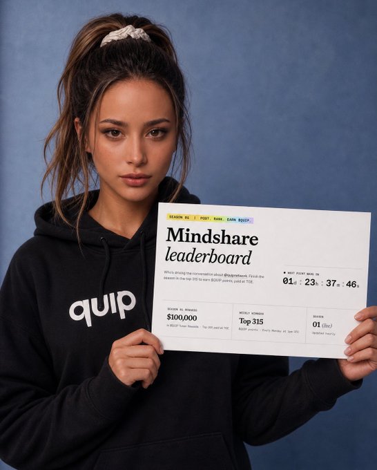 The focus of this image is a woman holding up a card that says "Mindshare Leaderboard" written in white letters, with $100K on one side and a chart with the names of top 100 people who were rewarded for being on Mindshare network during a specific season. She's wearing a black hoodie.