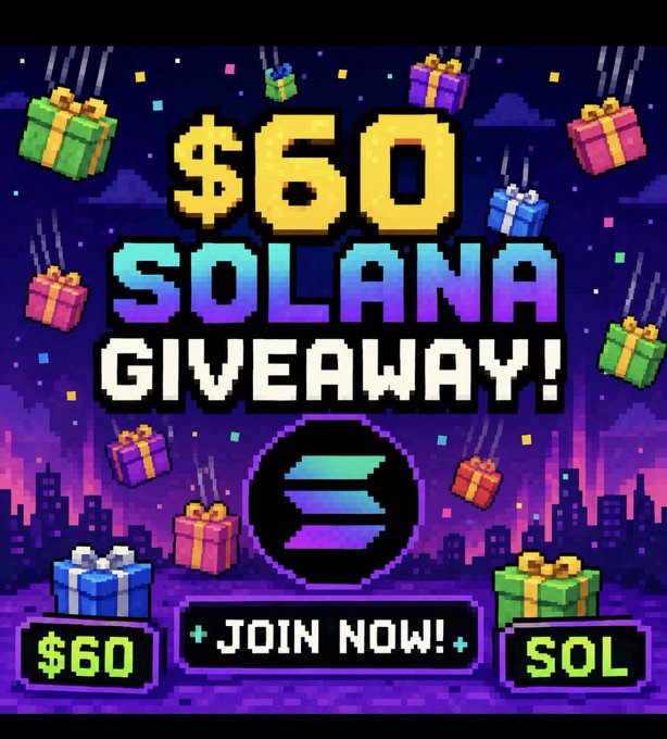 A pixel-art promotional graphic advertises a "$60 SOLANA GIVEAWAY!" featuring the Solana logo, colorful gift boxes falling against a purple cityscape background, and "JOIN NOW!" and "$60 SOL" buttons that align with the post's call for entries offering three winners a share of $60 in SOL.