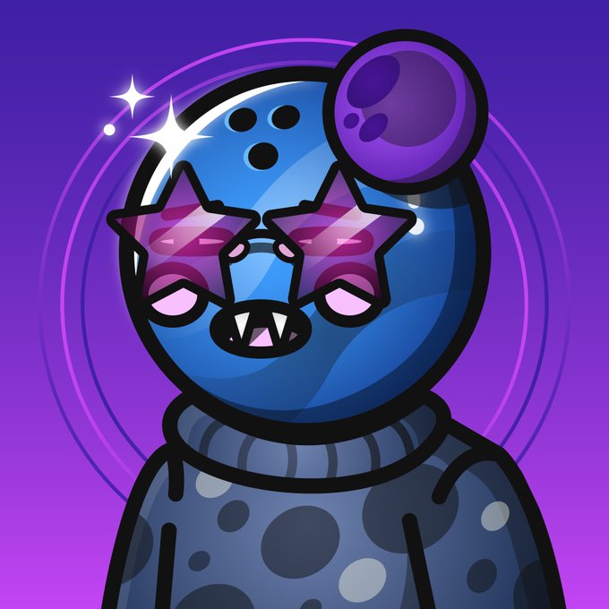 The image features a cartoon character wearing sunglasses, possibly a man, with a bow on his head. The character has a blue ball on its head that looks like a bowling pin or pinball. The background of the image is purple and filled with stars, giving the impression of being in outer space. In this image, there is also a post talking about a raffle being held by Mr Lockwood1, where they are trying to find an umpire for the rank 40/8,888 celestial rider. This character seems to be related to this raffle or at least has some connection to it.
