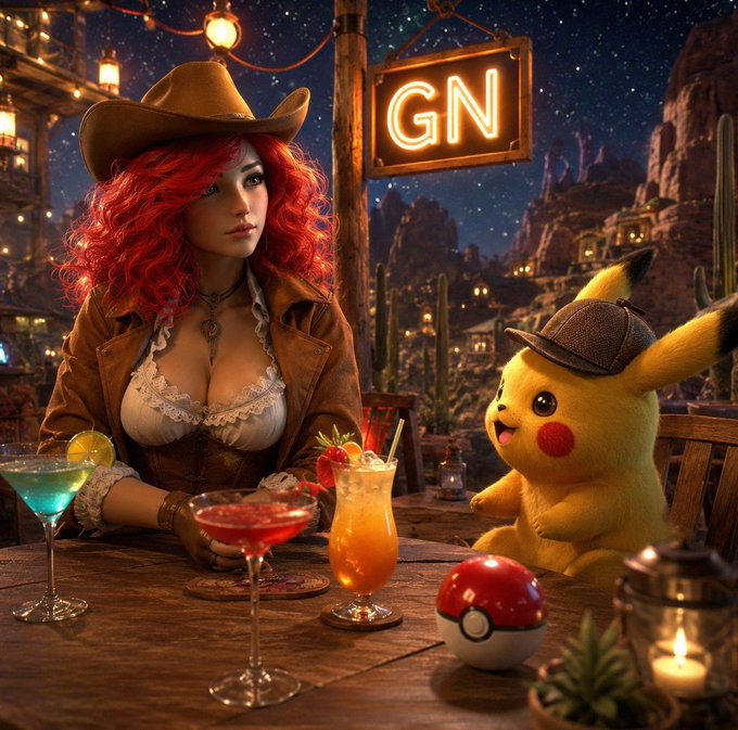 A red-haired woman in a cowboy hat sits at a desert cantina table with cocktails, next to a Pikachu also wearing a detective cap, under a glowing "GN" sign, with a Poké Ball and lantern completing the scene.

The image ties into the post by illustrating the theme of digital collecting, with the Poké Ball and Pikachu serving as playful nods to the vast world of collectible gaming, while the "GN" neon sign echoes the "Great Night" greeting in the message.