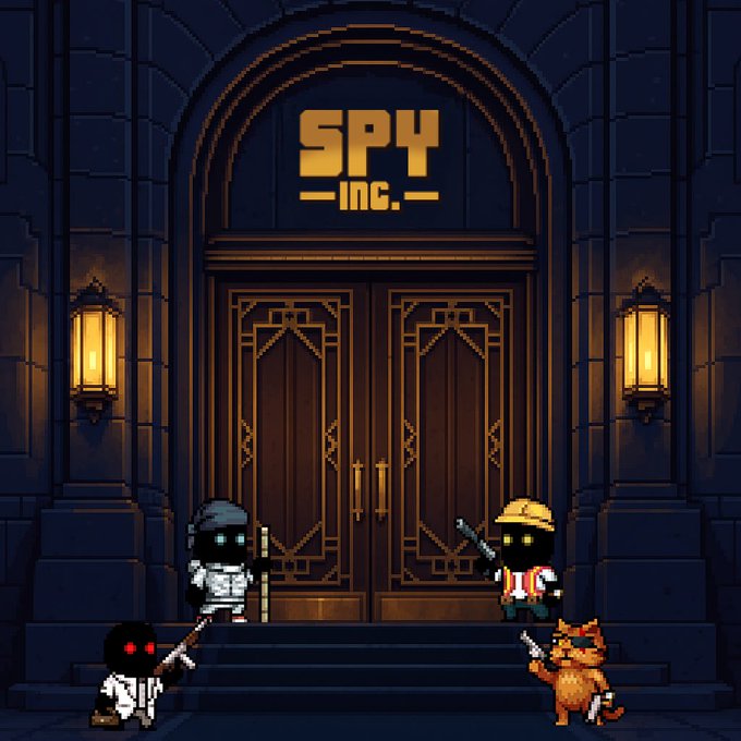 A pixel art scene titled 'SPY INC.' showing two armed figures in helmets and another with a sword standing before large ornate double doors at night.