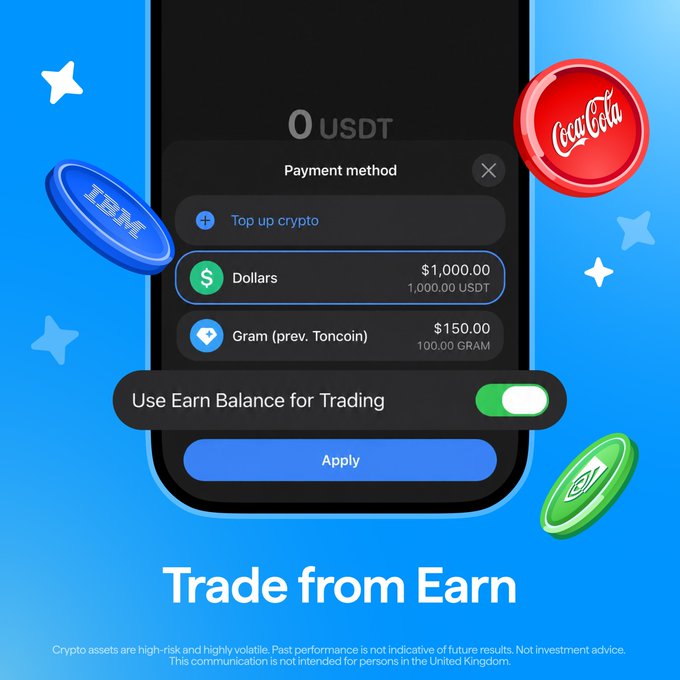 A mobile app interface shows a cryptocurrency trading screen with '0 USDT' balance, payment method options including Dollars and Gram (prev. Toncoin), and floating Coca-Cola and IBM token icons, advertising 'Trade from Earn'.