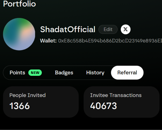 The image shows ShadatOfficial’s referral portfolio, reporting 1,366 people invited and 40,673 invitee transactions—aligning with the post’s 40.6K trajectories milestone.