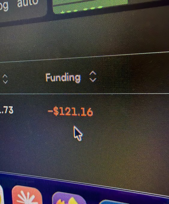 A computer screen displays a trading interface showing a "Funding" fee of -$121.16 in orange text, with a cursor hovering over the amount. This visually confirms the post's claim about $121 in funding fees paid on Arcus, while teasing the holder to guess which coin they are still holding.