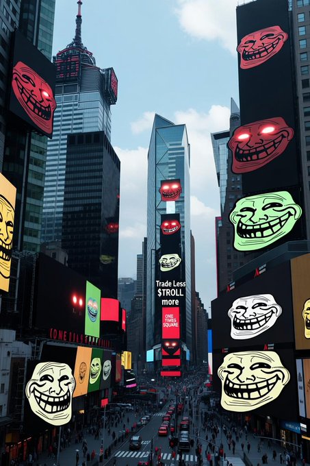 A futuristic cityscape resembling Times Square covered in large screens displaying various troll face memes, with text including 'Trade Less $TROLL more' and 'Times Square'.