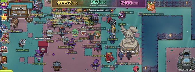 A chaotic multiplayer game lobby screen filled with numerous player avatars and usernames like '133133', 'THEATER', and 'xBIGx' scattered around a village setting, with currencies showing 18352 USD, 967 USD, and 2108 USD at the top.