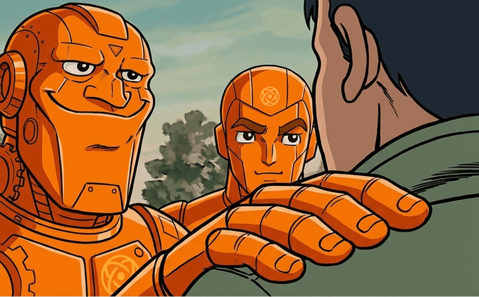 An animated illustration shows two orange robots with human-like faces, one smiling broadly while the other looks on seriously, as a large hand reaches toward them.