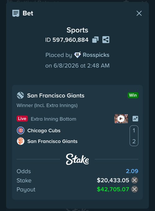 The image features a screenshot of an online betting platform with a sports section displaying information about a recent sports game, specifically about the San Francisco Giants' win at the Super Bowl. The details provided include their final score, which was 97-94 in favor of the Giants, and their win percentage. A post on Stake congratulates them on their victory by offering $250 to five people as a prize for correctly predicting their win.