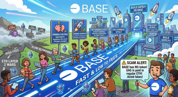 The image features a cartoon depiction of people walking along a blue path that leads towards a city skyline with buildings. The caption reads "Base is winning the Layer 2 wars right now." This suggests that Base has been gaining an advantage over other cryptocurrency exchanges in terms of user engagement and popularity, possibly due to its unique approach or innovative features.