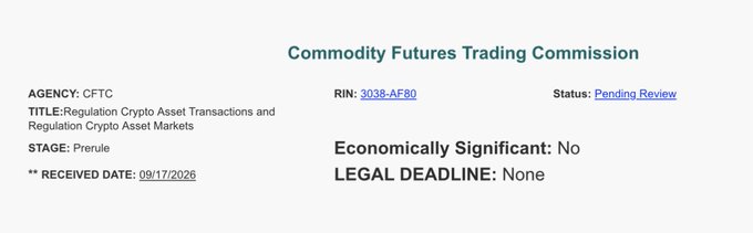The image shows a CFTC (Commodity Futures Trading Commission) regulatory filing header for "Regulation Crypto Asset Transactions and Regulation Crypto Asset Markets" (RIN 3038-AF80) with a status of "Pending Review," received on 09/17/2026. This relates to Hyperliquid's planned U.S. expansion, as the filing indicates ongoing federal regulatory review of crypto asset market rules that would govern such a platform's domestic launch.