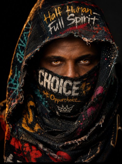 A person wears a frayed dark hood and face covering covered in colorful graffiti-style text including 'Half Human Full Spirit', 'CHOICE', 'Opporehoice', and a crown symbol.