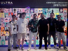 Five young men pose together in front of a wall covered in posters, with text reading 'ULTRA MUSIC FESTIVAL' and 'CONTENT CREATOR SPOTLIGHT'.