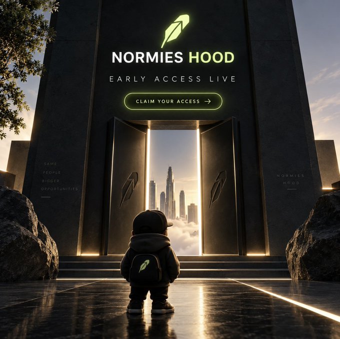 A promotional graphic with the text 'NORMIES HOOD' and 'EARLY ACCESS LIVE' above a 'CLAIM YOUR ACCESS' button, showing a small hooded figure standing before large glowing doors that open to a futuristic city skyline.