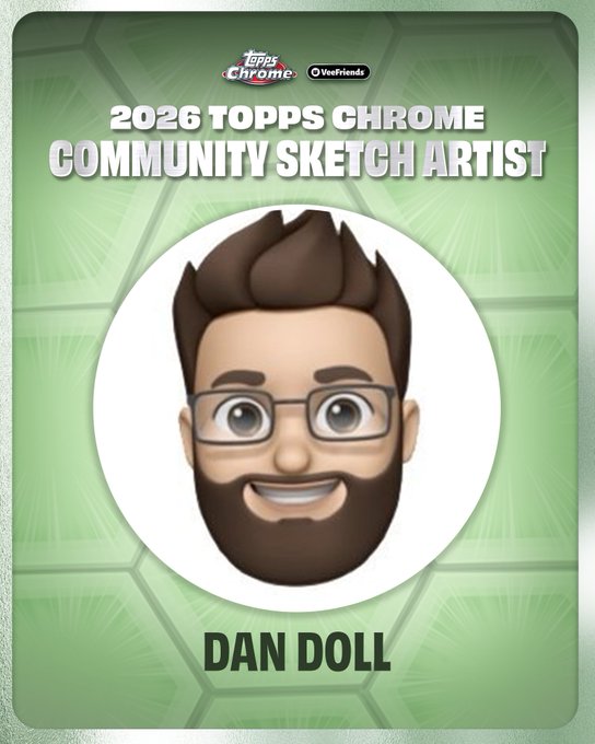 The image features an avatar of a man wearing glasses and a beard, which appears to be a character from a video game or cartoon. The text "Dan Doll" is written below his face. The background of the image is green with white lines, giving it a cartoon-like appearance. The post mentions that Dan Doll was a Community Sketch Artist in 2022, implying he was involved in creating artwork for VeeFriends NFTs at that time.