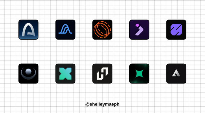 A grid of ten cryptocurrency logo icons on a dark background, credited to @shelleymaeph.