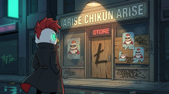 An illustration of a red-haired character standing outside a store with signs reading 'ARISE CHIKUN ARISE' and 'STORE' on a graffiti-covered building.
