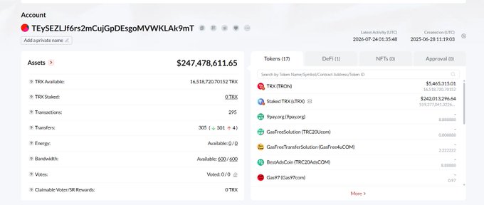 A crypto wallet dashboard for account "TEySEZIJf6rs2mCujGpDEsgoMVWKLAk9mT" displays a total balance of $247,478,611.65 with 16,518,720.70 TRX (valued at $4,465,215.05) among 17 tokens, supporting the post's claim about TRX holdings and treasury accumulation.