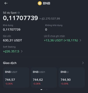 Cryptocurrency app interface in Vietnamese displaying BNB price at 0.11707739, equivalent to 630.31 USDT, with various trading pair options shown below.