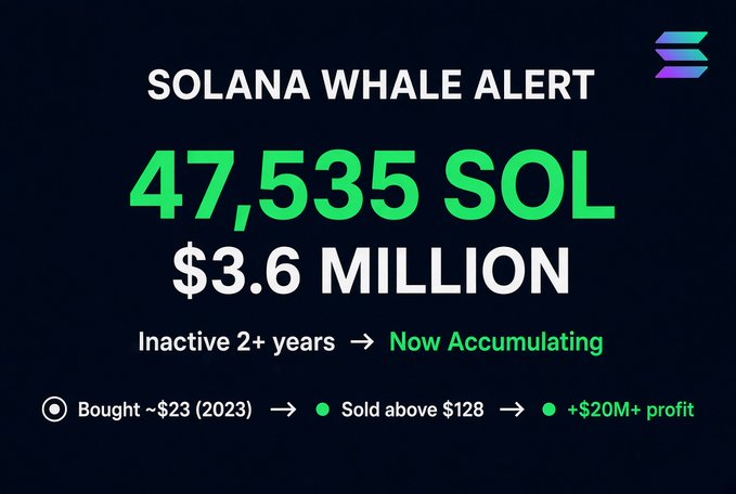 A 'SOLANA WHALE ALERT' graphic displays '47,535 SOL' and '$3.6 MILLION', noting the whale was 'Inactive 2+ years → Now Accumulating', bought at ~$23 in 2023, and sold above $128 for +$20M+ profit.