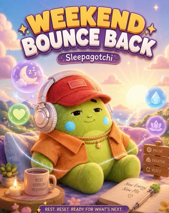 The image features a plush, green Sleepagotchi character wearing headphones, a red cap, and an orange shirt, sitting peacefully in a dreamy sunset landscape. Surrounding icons (heart, moon, water drop, lotus) represent rest and recharge, while a "REST REFRESH RECHARGE" mug and a notepad reading "New Energy, New Me" tie into the caption's themes of unplugging, recharging, and resetting for the weekend.