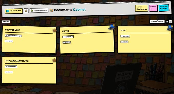 A screenshot of the "Bookmarks Cabinet" digital interface displaying categorized notes and link collections like "CREATOR WIRE", "JITTER", and "YOBO".