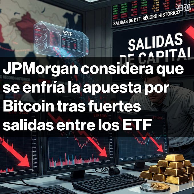 The image features a desk with multiple monitors displaying graphs of Bitcoin trading activity over time, indicating possible fluctuations in value or market trends. In addition, there are stacks of gold bars placed around the desk, which suggests a connection between Bitcoin trading and precious metals. The post also discusses how Bitcoin's value has affected the equity markets, including the U.S., as evidenced by the declining price of ETFs. This could lead to financial losses for investors holding these funds. The image shows an overview or snapshot of these developments in the market.