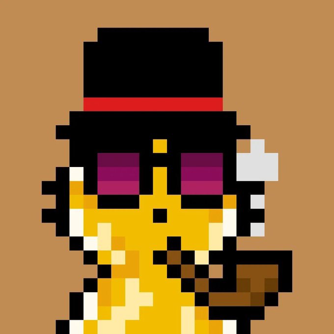A pixel art cat wearing a black top hat with a red band and holding a brown pipe, with purple sunglasses reflecting pink hues, set against a tan background—serving as a stylized mascot for the "MewronCats" NFT collection featured in a Robinhood giveaway offering 5 free GTD mints to participants who like, retweet, follow, and drop their ETH address.