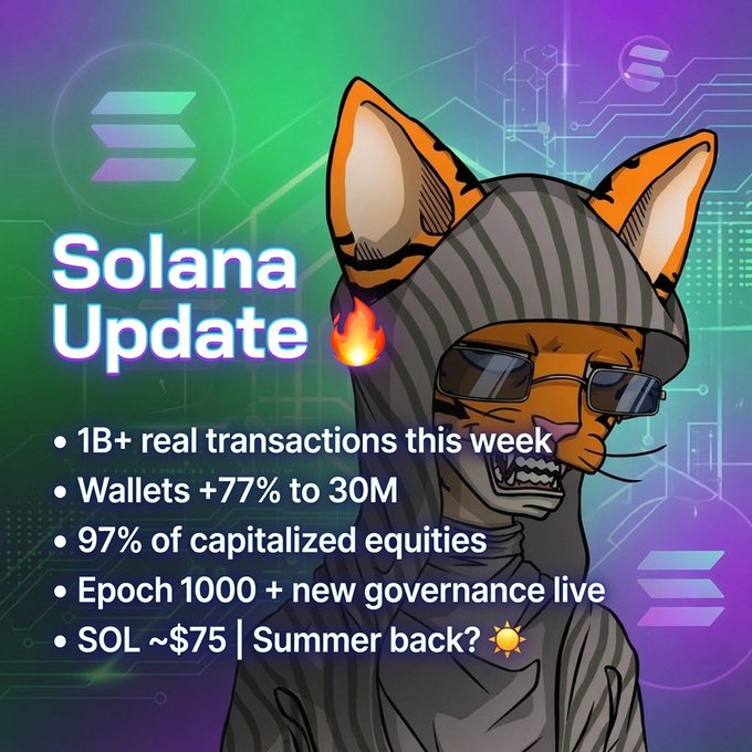 A stylized orange tiger mascot wearing sunglasses and a hood stands beside Solana blockchain graphics, summarizing updates like "1B+ real transactions," "Wallets +77% to 30M," and "SOL ~$75," visually matching the post's bullish Solana recap.