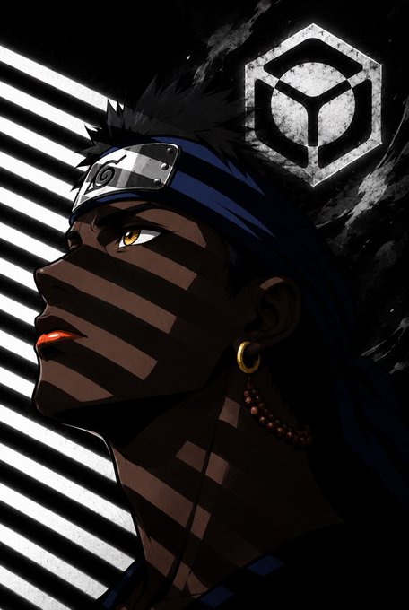 Stylized anime artwork of a character with a Konoha headband in profile, with shadows resembling window blinds cast across his face.