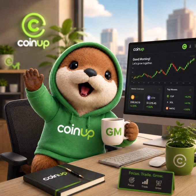 A cheerful otter mascot wearing a green "coinup" hoodie waves "Good Morning" while holding a mug labeled "GM," sitting at a desk with a monitor showing the CoinUp dashboard featuring Bitcoin ($88,542.10, +2.35%) and ETH ($3,218.45, +1.52%), along with Top Movers including CUP (+6.21%), SOL (+4.11%), and MATIC (+3.65%). The image ties to the post by showing the friendly "editor on duty" mascot ready to start the trading day with a greeting and market overview.