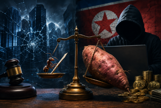 A dramatic digital composite featuring a hooded hacker working on a laptop against a backdrop of the North Korean flag and shattered glass, with a golden scale of justice balancing an ant with a sword against a sweet potato, piles of gold coins, and a judge's gavel in the foreground.