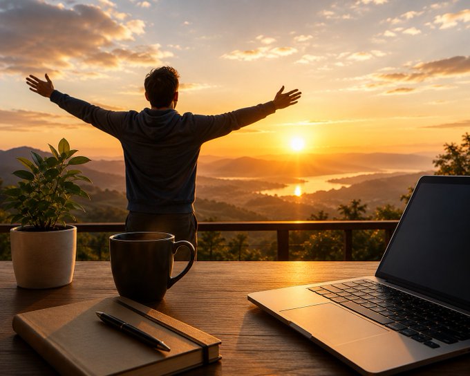 A man stands with arms outstretched facing a vibrant sunset over rolling hills and a lake, viewed from behind a wooden desk holding a laptop, coffee mug, notebook with a pen, and a small potted plant.