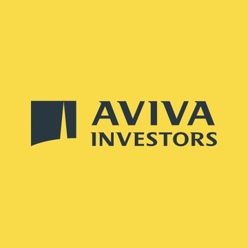 The image displays the Aviva Investors logo, featuring a dark navy square graphic and bold "AVIVA INVESTORS" text on a bright yellow background. The logo represents the asset management firm that recently launched a tokenized share class of its US Dollar Liquidity Fund on the XRP Ledger.