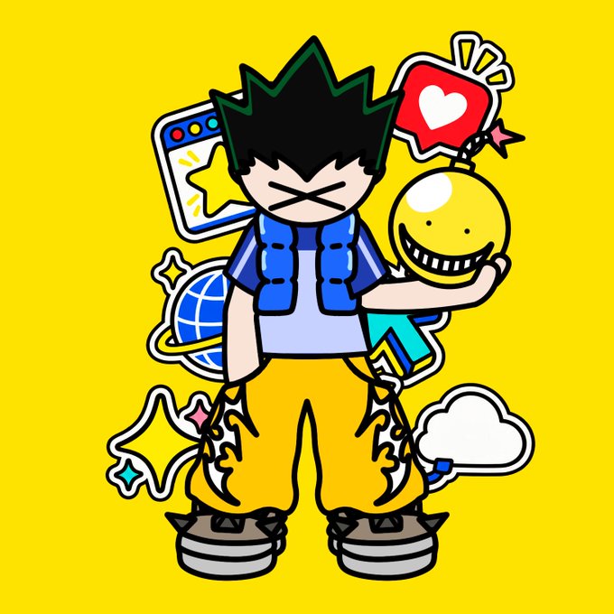 A stylized cartoon illustration of a spiky-haired boy with X-shaped eyes holding a smiling yellow bomb, surrounded by icons like a star, globe, and heart speech bubble on a bright yellow background.