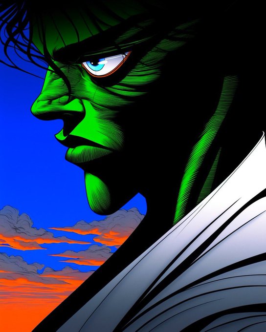 A profile shot of the Hulk, the iconic Marvel Comics character, depicted with green skin and a fierce expression against a dramatic sunset sky, which adds to the weary "gm gm" energy of the post.