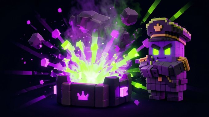The image features a character wearing a purple outfit, standing next to a large explosion that has caused a massive explosion of purple cubes. The explosion is accompanied by a green explosion, creating an intense scene. In the background, there are two other explosions happening simultaneously, one on the left and another on the right side. The post also mentions that the character is in a game called Day 2 draw, which involves buying back items from the grid's TAKEOVER pool to earn USDC currency.