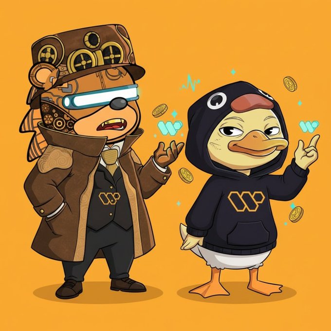 The image features two cartoon characters, a bear wearing a top hat and a duck dressed in a hoodie with a "W" logo on its chest. The bear character has a brown coat and a gold crown, while the duck character wears a black hoodie with a yellow "W" logo. They are standing next to each other against an orange background.

The image also contains text that reads: "gQuack @wallchain the community pulse is strong rn even with the acct suspension the apps kept climbing to 8k+ leaderboards live and quackers earning daily without missing a beat real contribution over the noise thats what @wallchain rewards qzino campaign got proposals". This suggests that the image might be related to an online gaming or social media platform, where users can engage in various activities such as playing games, creating content, or interacting with others.