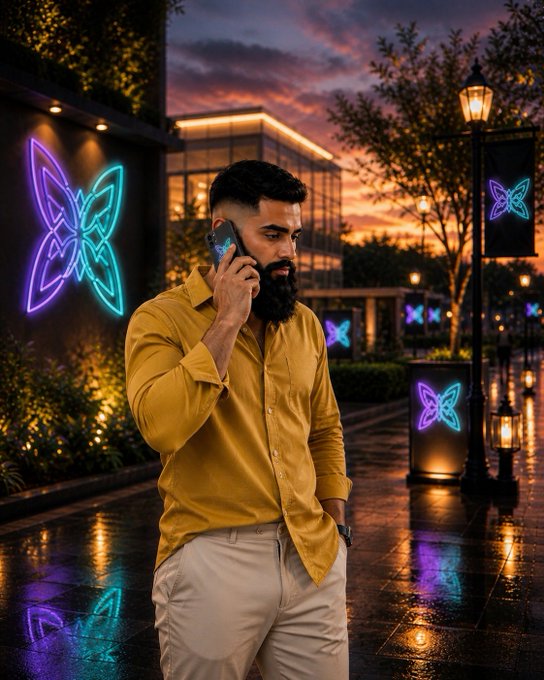 A bearded man in a mustard shirt talks on a smartphone while walking past vibrant neon butterfly signs on a wet street at sunset.
