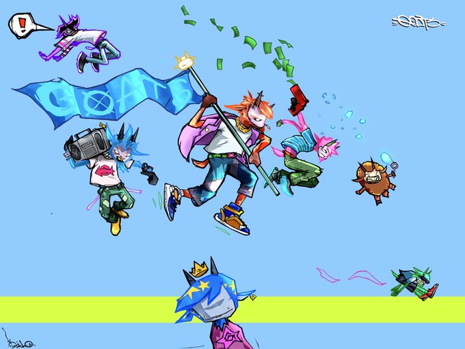 A vibrant cartoon-style illustration showing several stylized characters in dynamic poses, including one holding a 'GOAL' banner and money flying through the air against a light blue sky.