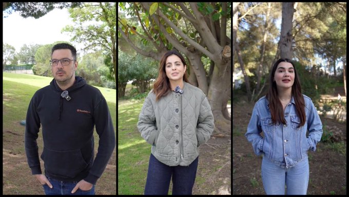 A triptych portrait of three people wearing lapel microphones standing outdoors in a park setting.