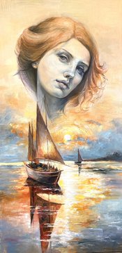 A surreal, impressionistic painting blends a woman's face with a serene seascape featuring a sailboat and a glowing sunset.