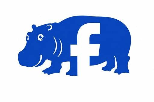 A blue silhouette illustration of a hippopotamus with the white Facebook 'f' logo embedded in its body.