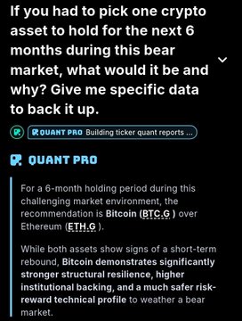 The image displays a text that reads "Happy Morning Friend I challenged @RAFA_AI again Part 2 of asking AI the hard questions This time I asked: If you had to pick ONE crypto to hold for 6 months in this bear market what would it be and Why? Data-driven". It appears like an attempt to ask a question about Bitcoin or cryptocurrency, possibly seeking advice from someone who has experience with it.
